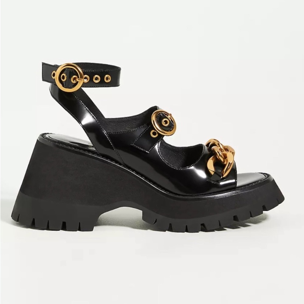 Jeffrey Campbell Black Platform Sandals with gold buckle and chain